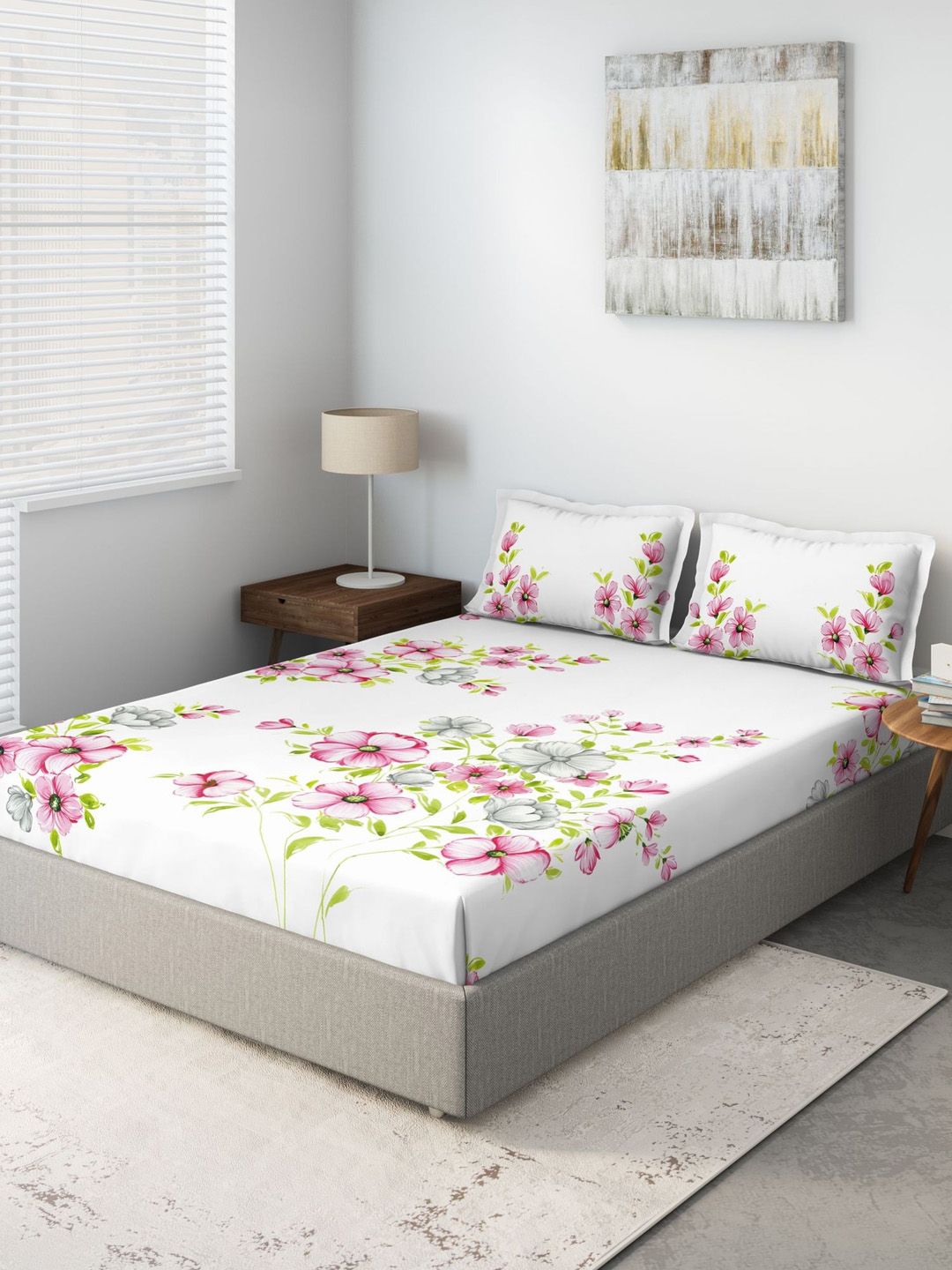 DDecor Pink & White Floral 140 TC Cotton 1 Queen Bedsheet with 2 Pillow Covers Price in India