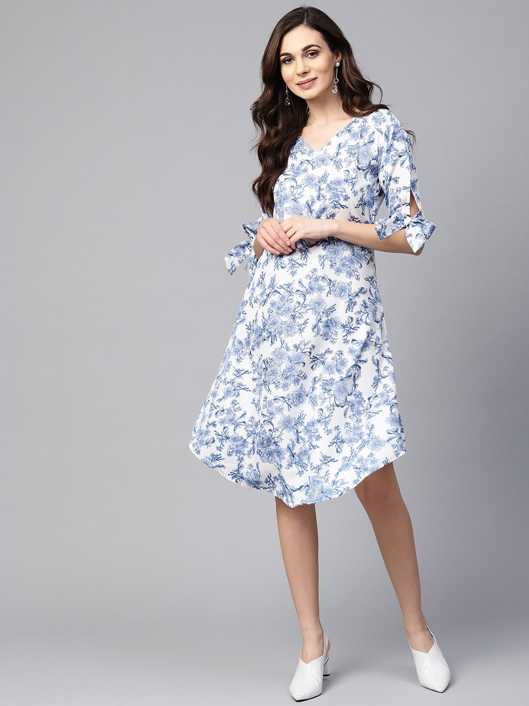 Myshka Women White & Blue Printed A-Line Dress Price in India