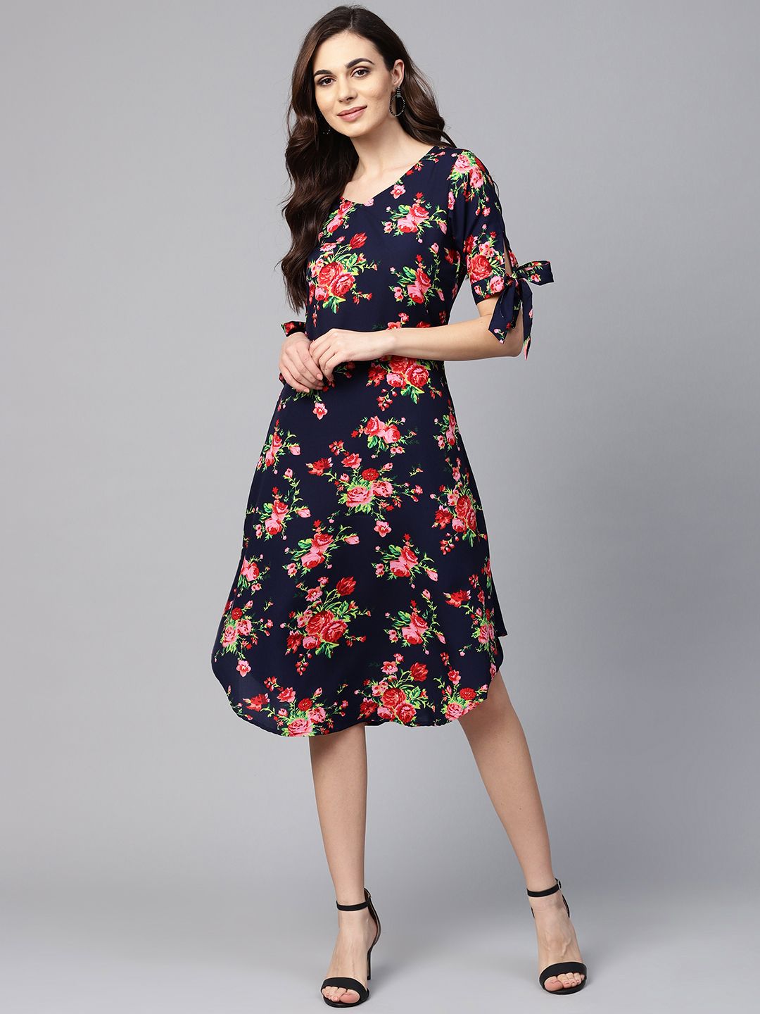 Myshka Women Navy Blue & Pink Floral Print A-line Dress Price in India