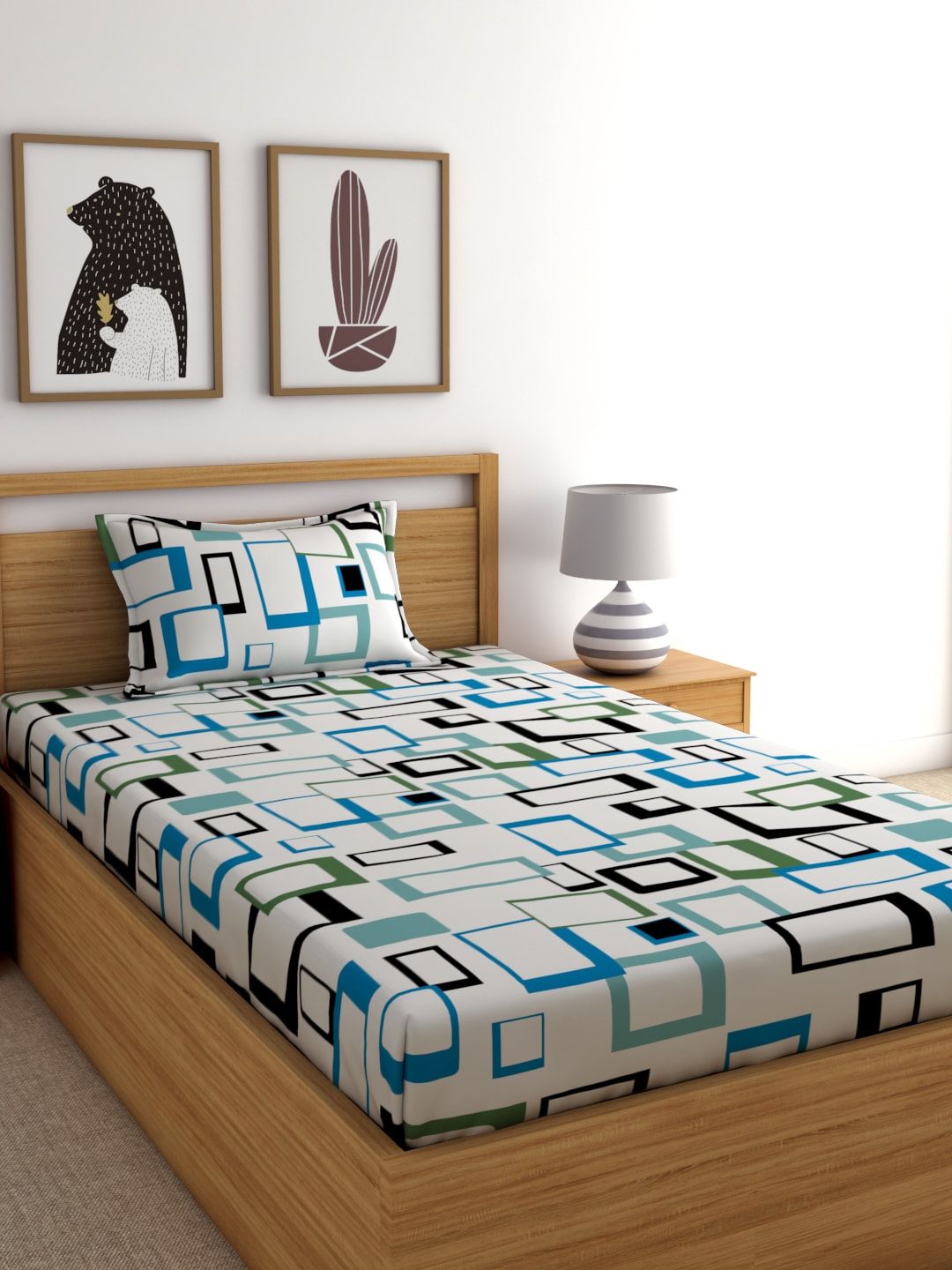 Home Ecstasy Blue & White Geometric 140 TC Cotton 1 Single Bedsheet with 1 Pillow Cover Price in India