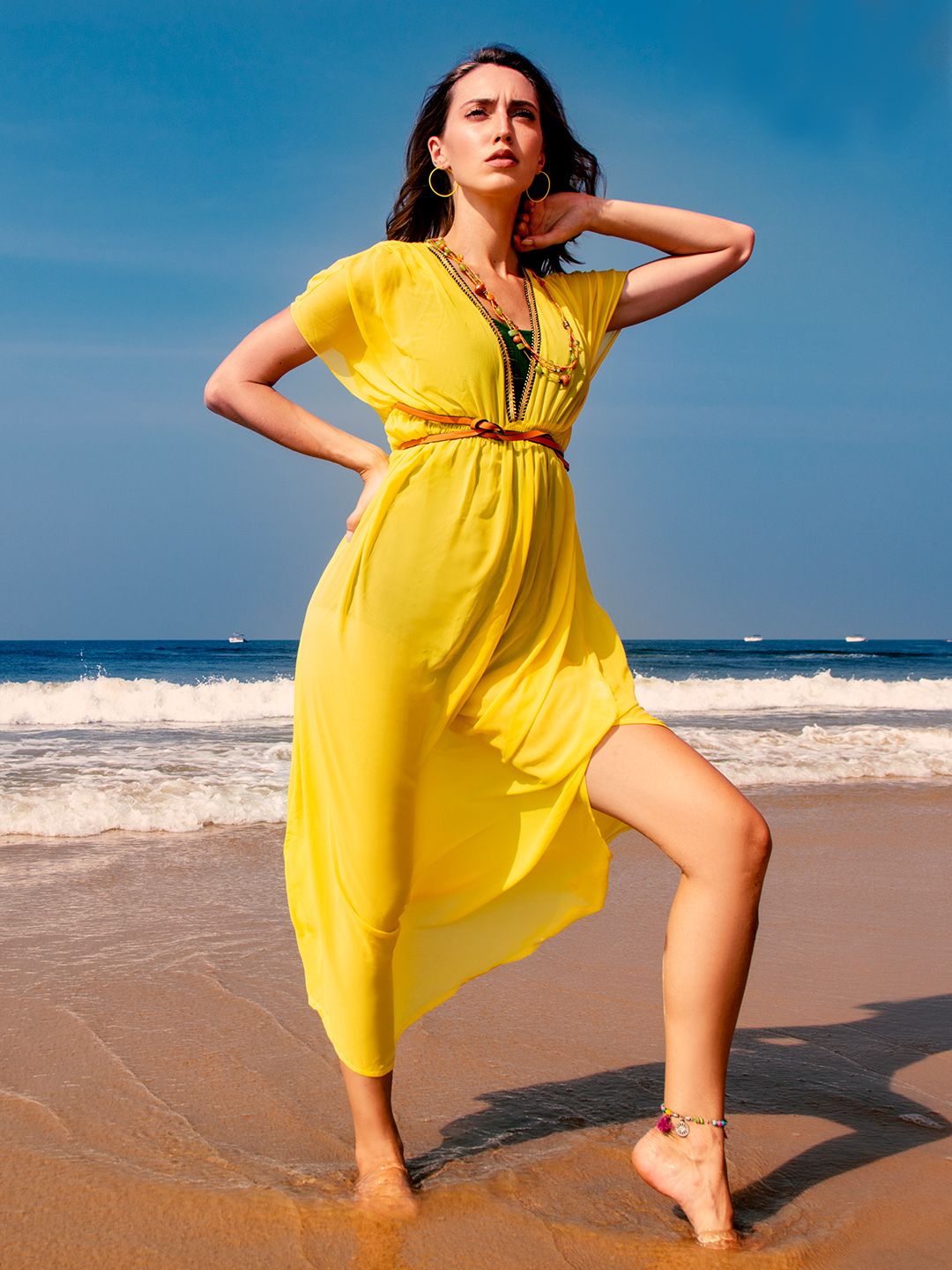Oxolloxo Women Beachwear Yellow Solid Kaftan Cover-Up Dress Price in India