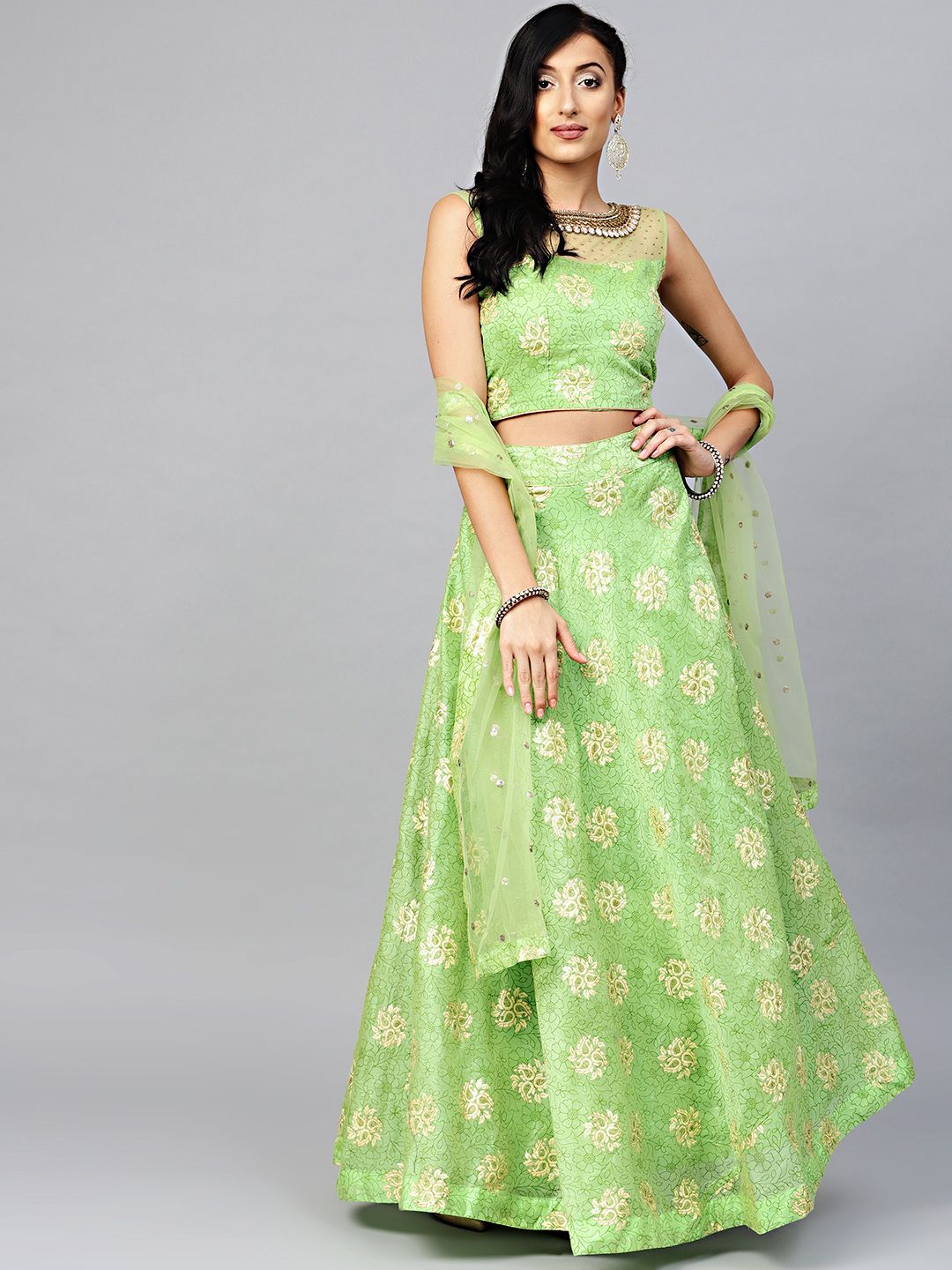 Chhabra 555 Women Green & Beige Khari Print Made to Measure Lehenga with Blouse & Dupatta Price in India