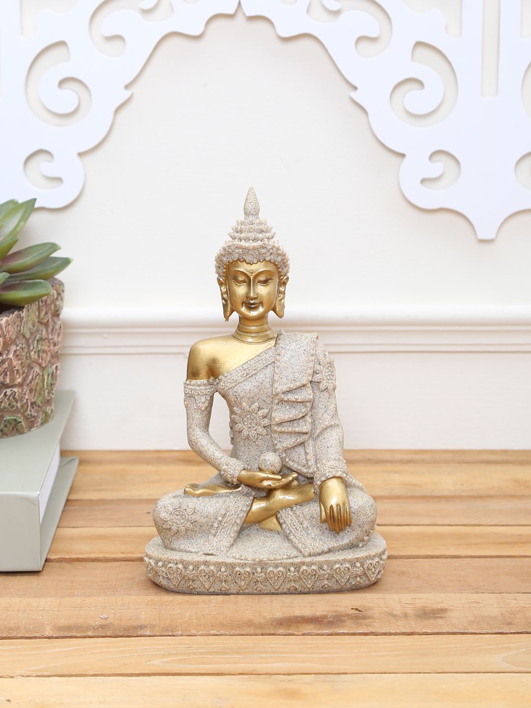 TAYHAA Grey & Gold-Toned Stone Dust Lord Buddha Showpiece Price in India