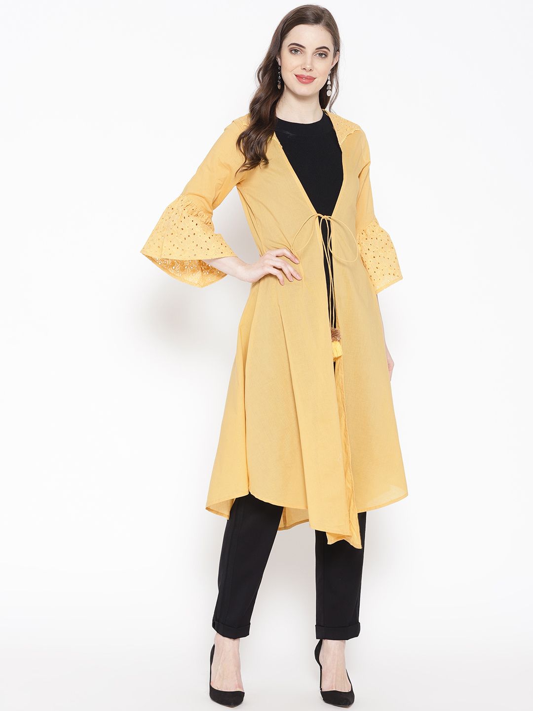 Zuziz Women Yellow Solid Tie-Up Longline Shrug with Schiffli Embroidered Detail Price in India