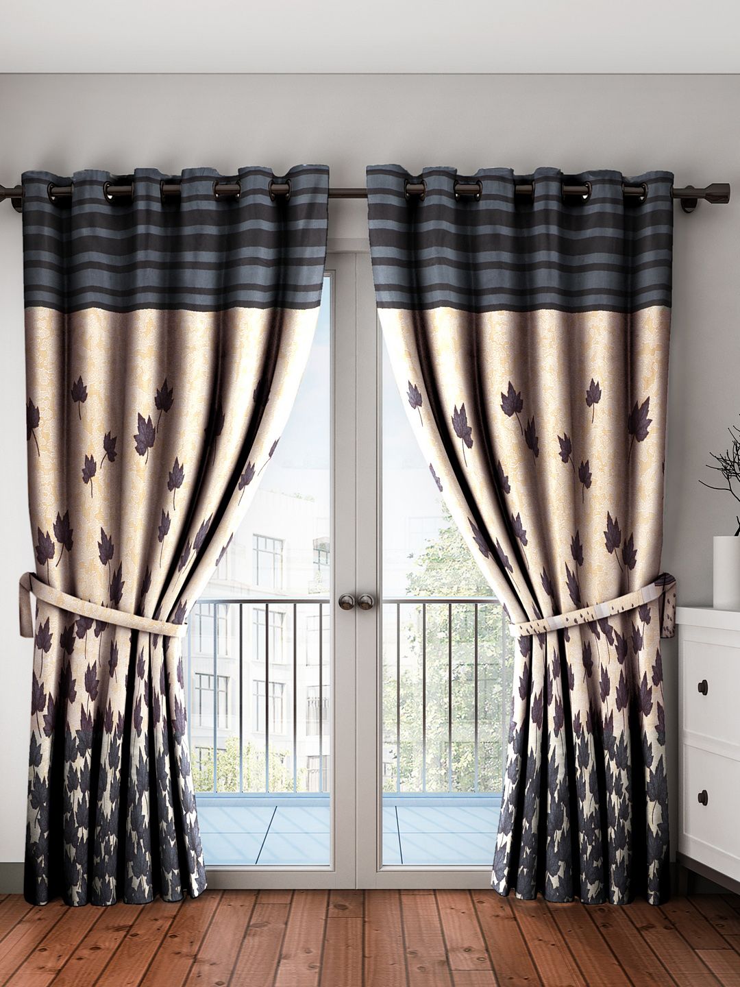 Home Sizzler Beige & Black Set of 2 Printed Long Door Curtains Price in India