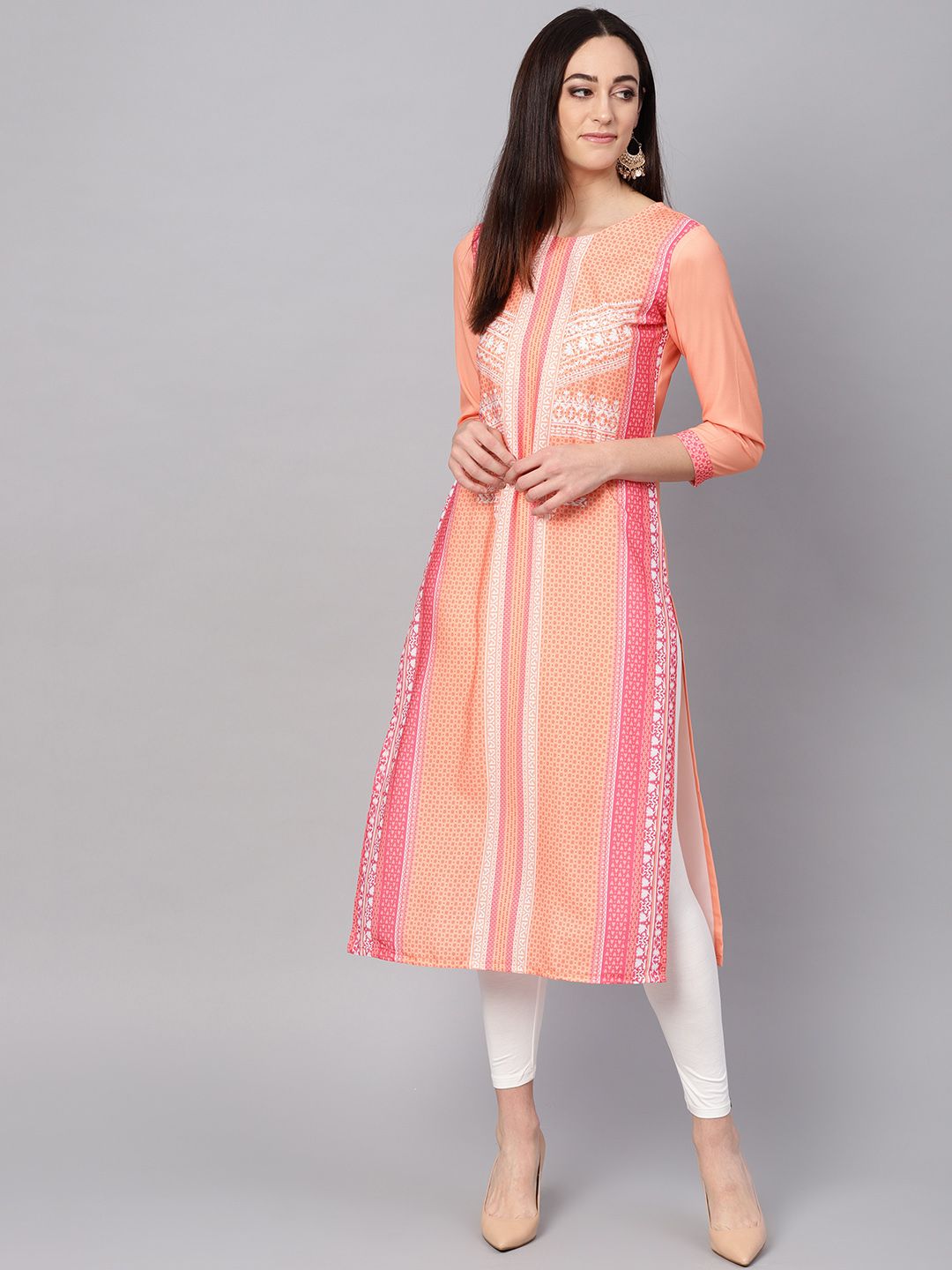 AHIKA Women Orange & Pink Digital Print Straight Kurta Price in India