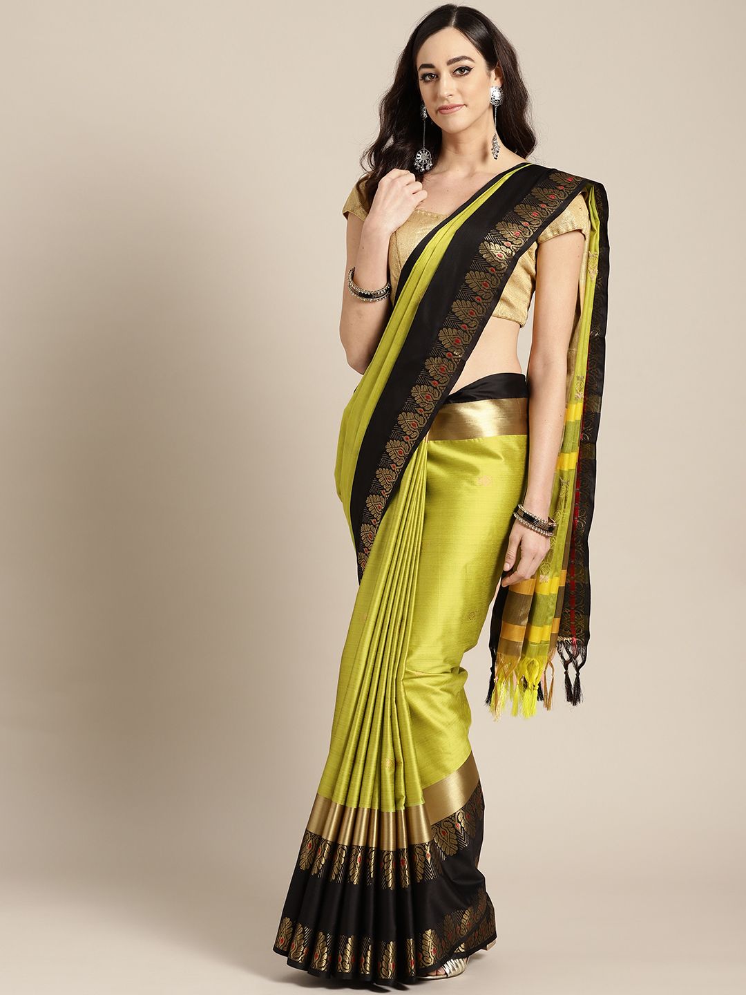 Rajesh Silk Mills Lime Green & Black Solid Saree