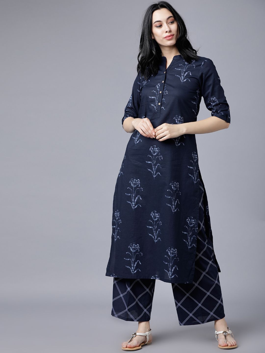 Vishudh Women Navy Blue Floral Printed Regular Pure Cotton Kurta with Palazzos Price in India