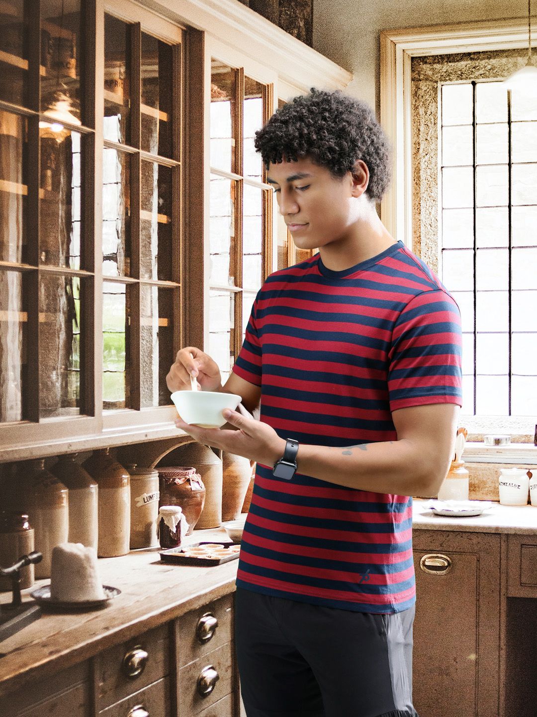 Jockey Men Red  Navy Striped Round Neck Pure Cotton T-shirt