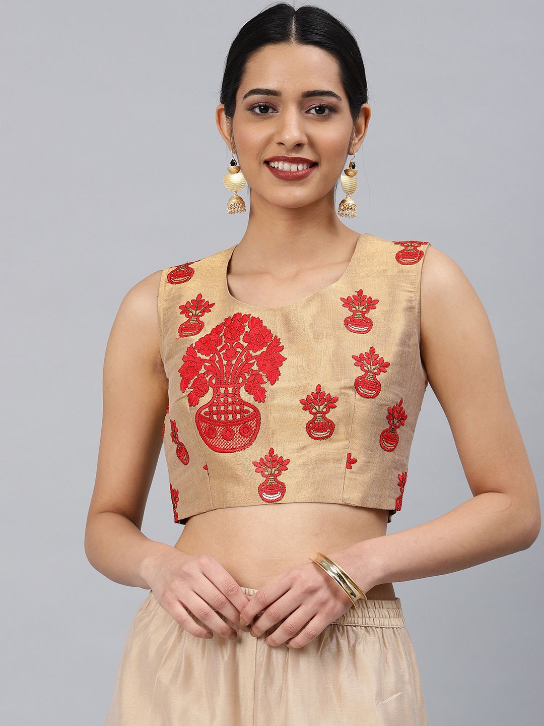 Aarrah Women Gold-Toned & Red Jacquard Embroidered Padded Ready Made Saree Blouse Price in India