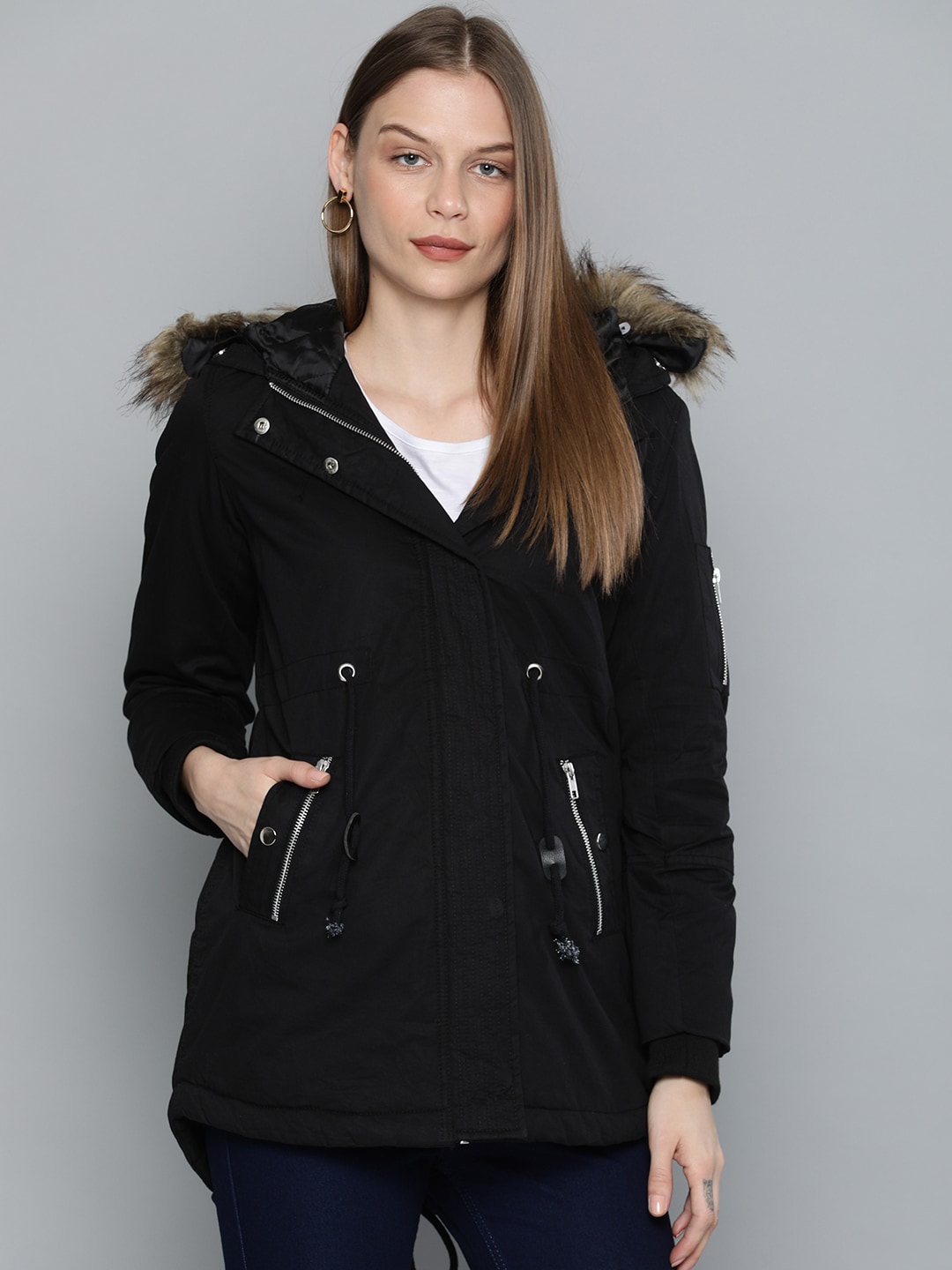 Chemistry Edition Women Black Solid Parka Jacket Price in India
