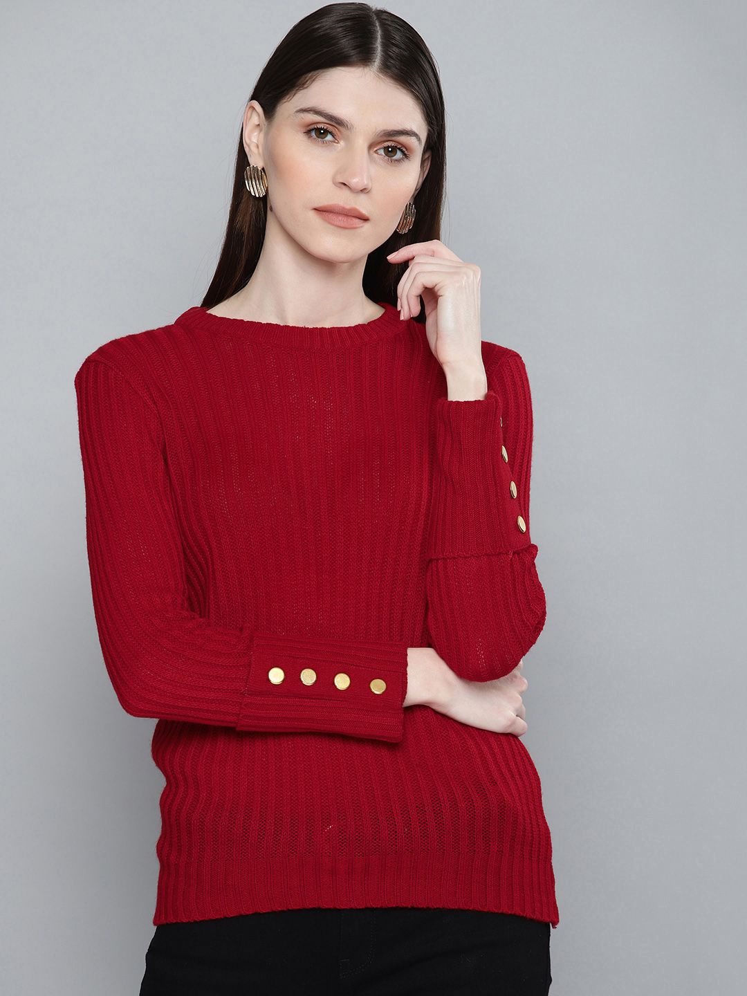 Chemistry Edition Women Red Ribbed Pullover Sweater Price in India