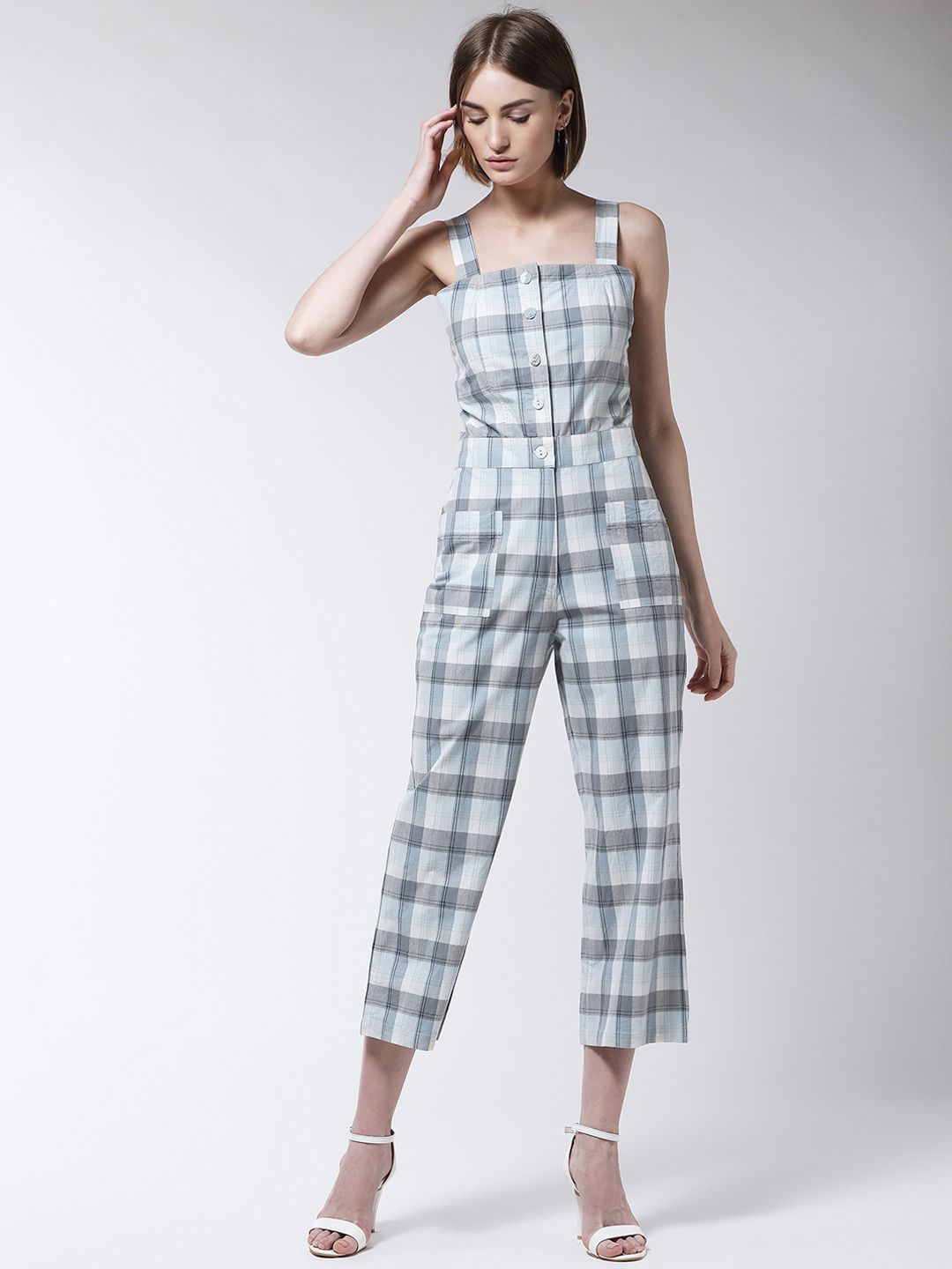 MAGRE Women Blue & Grey Checked Basic Jumpsuit Price in India