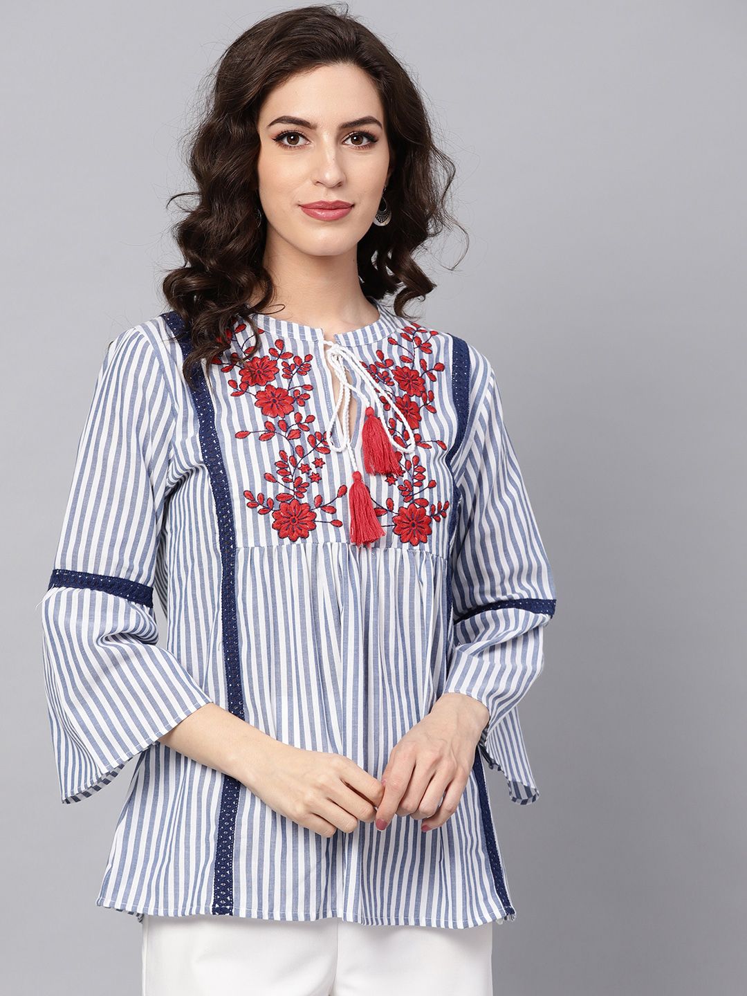 Bhama Couture Women Navy Blue and White Striped Empire Pure Cotton Top