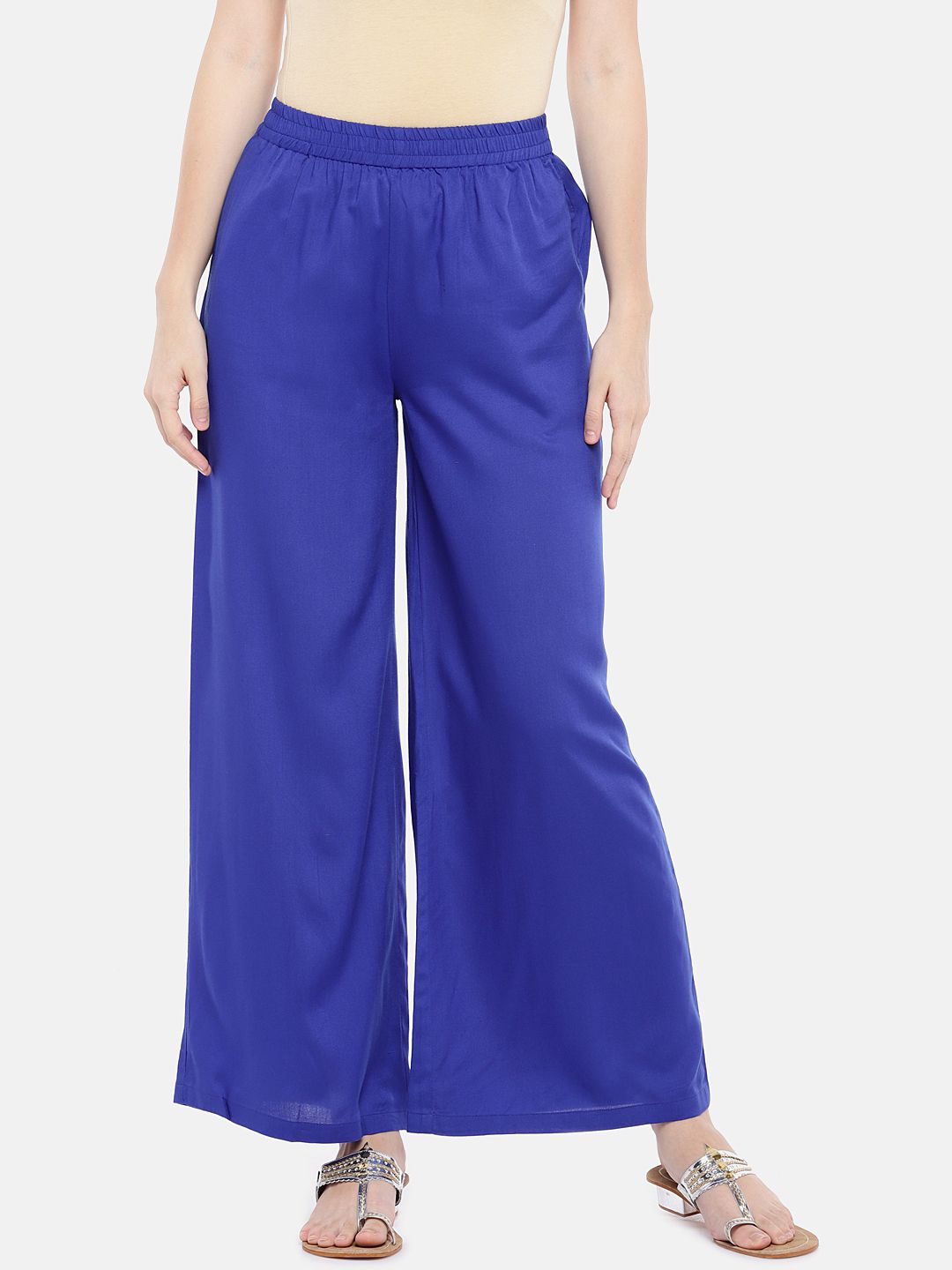 Ethnicity Women Blue Solid Wide Leg Palazzos Price in India