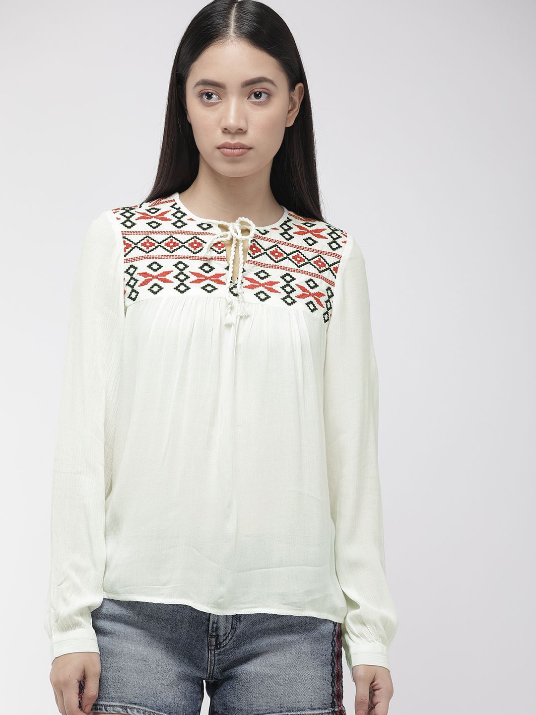 Levis Women White Embroidered Solid Top Price in India
