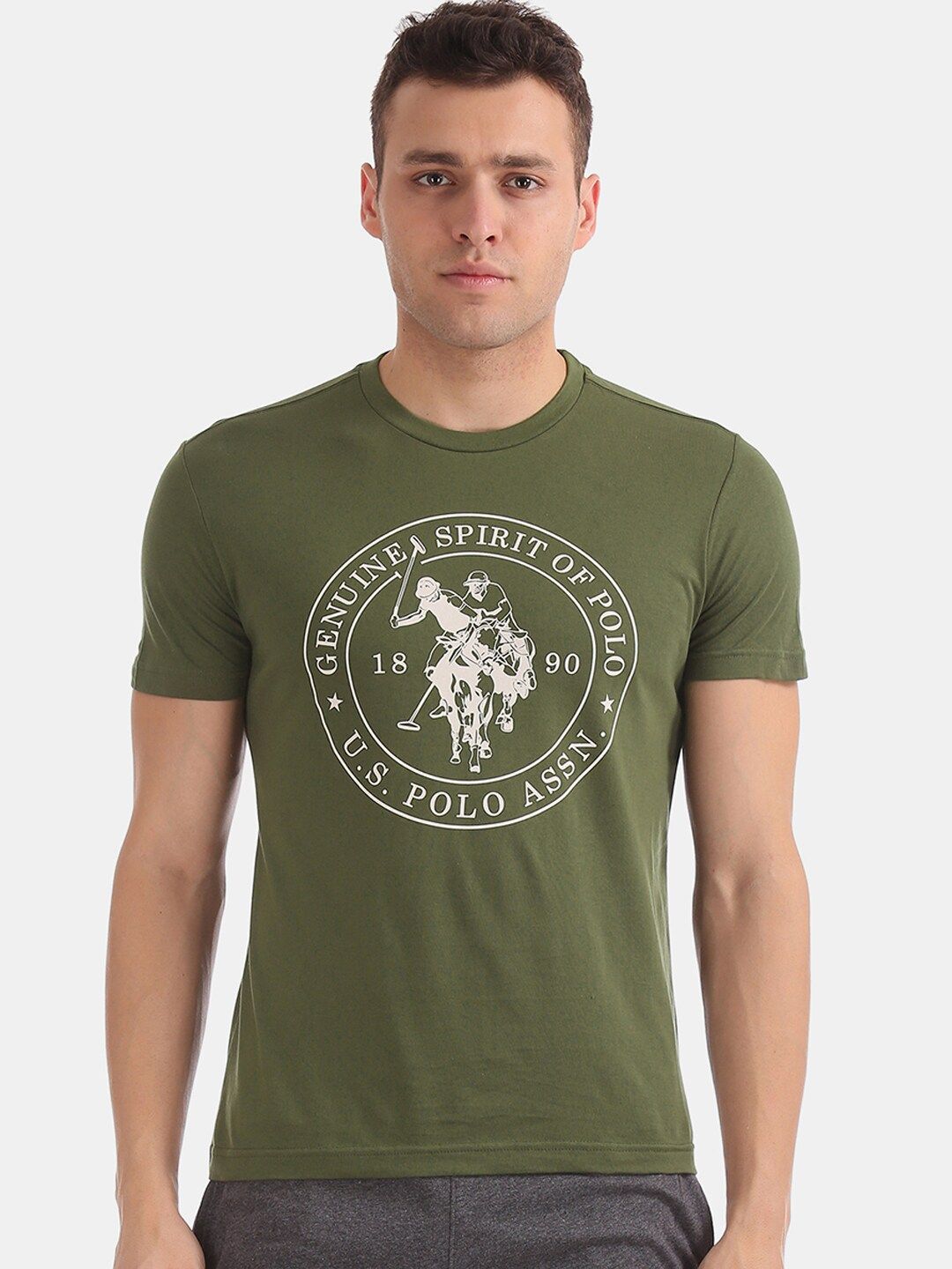 U.S. Polo Assn. Men Olive Green Printed Pure Cotton Lounge T-shirt