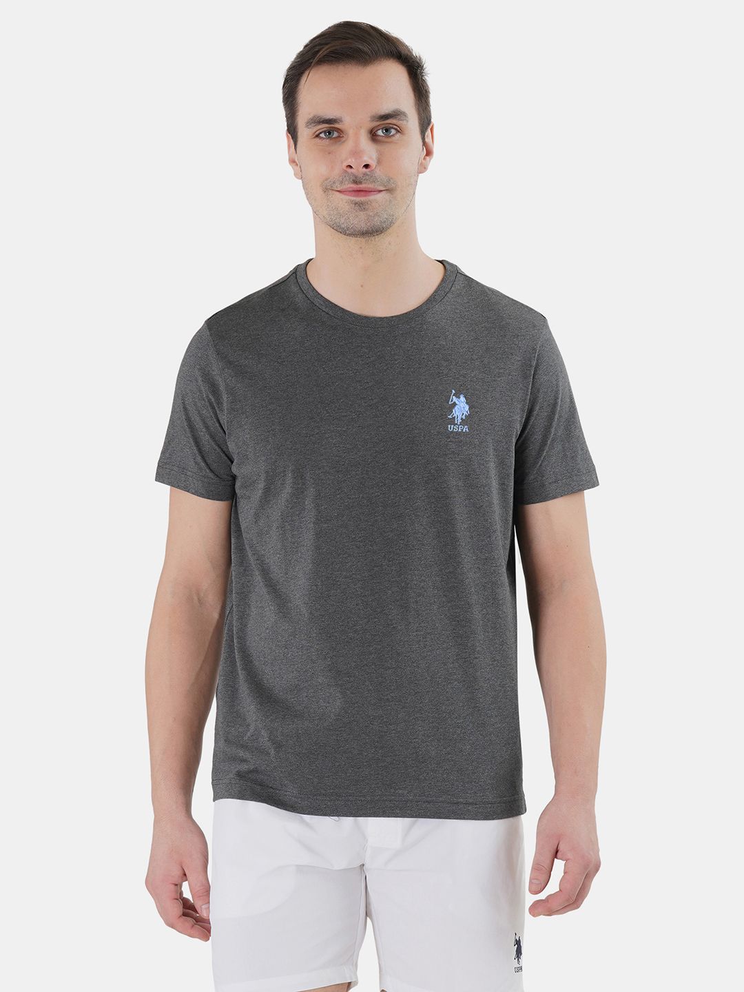 U.S. Polo Assn. Men Charcoal Grey Solid Pure Cotton Lounge T-Shirt