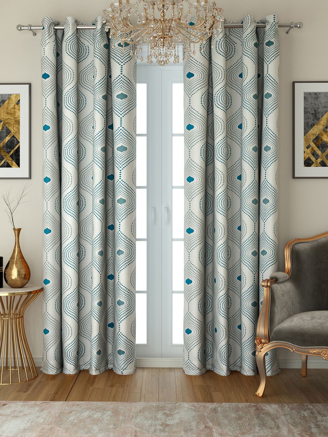 SWAYAM Off-White & Blue Set of 2 Long Room Darkening Door Curtains Price in India