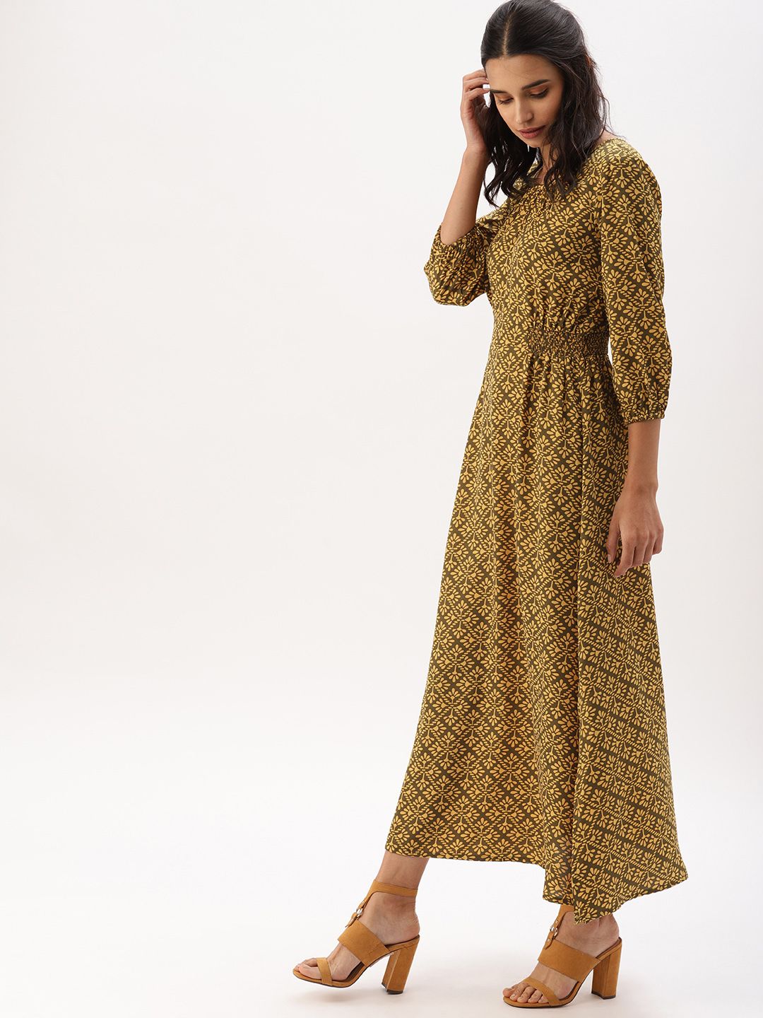 green emerald velvet dress Mustard and Green Floral Printed Anarkali main image 0