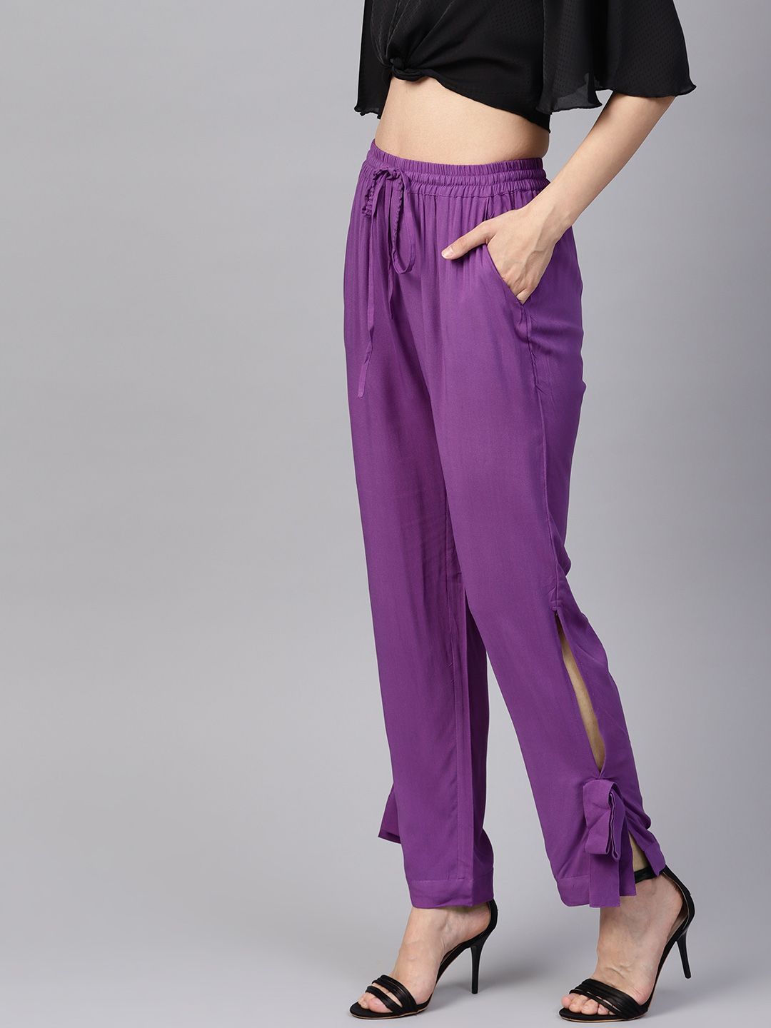 Jaipur Kurti Women Purple Regular Fit Solid Regular Trousers Price in India