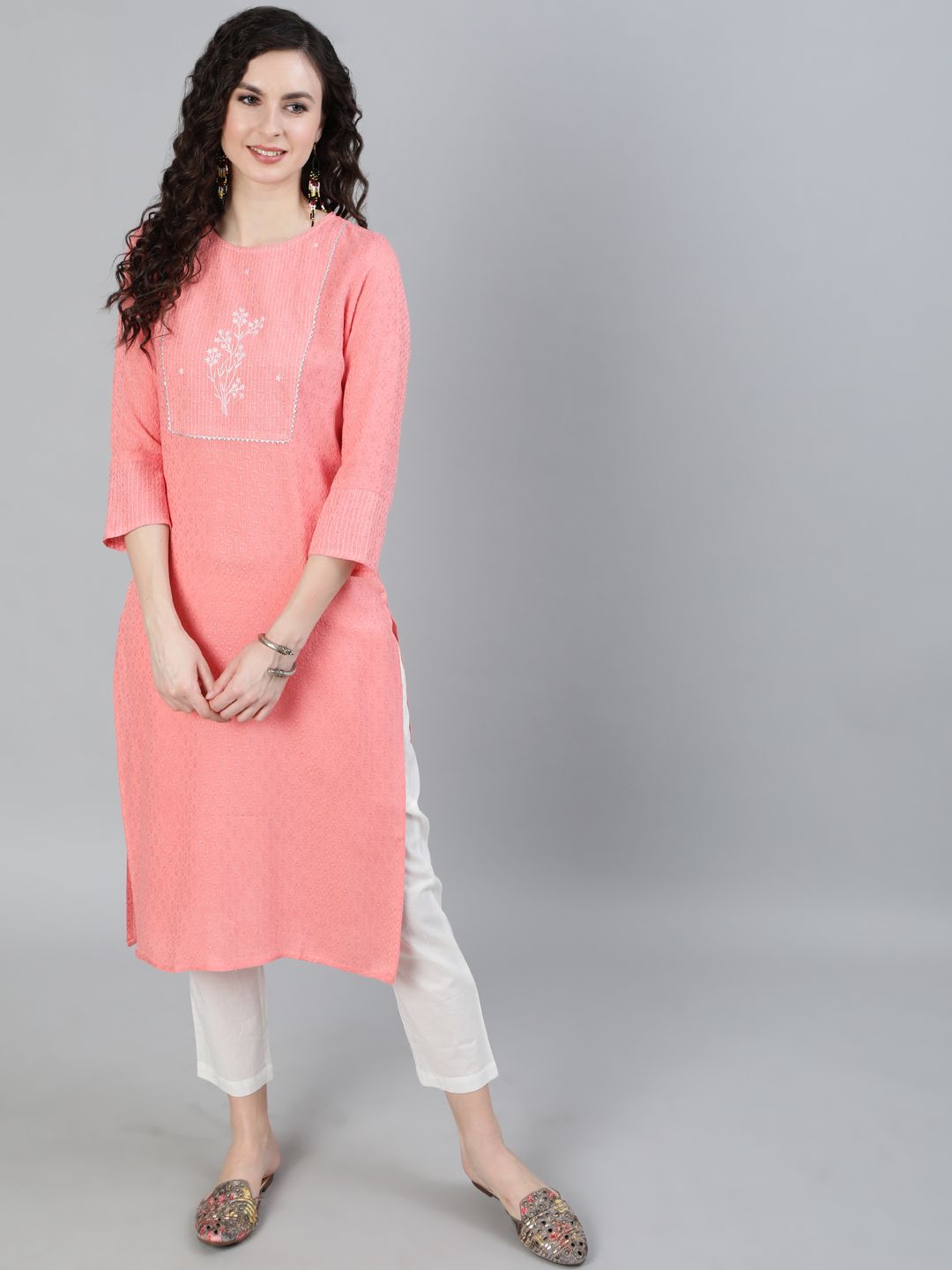 Jaipur Kurti Women Pink & Off-White Self Design Kurta with Trousers Price in India