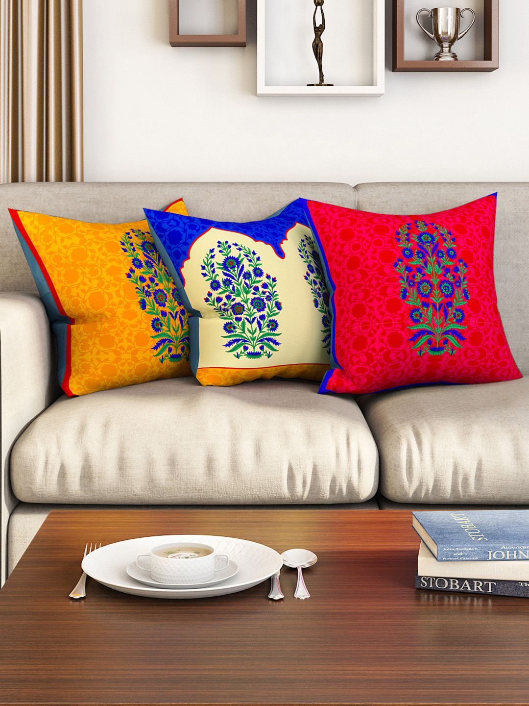 SEJ by Nisha Gupta Set of 3 Ethnic Motifs Square Cushion Covers Price in India