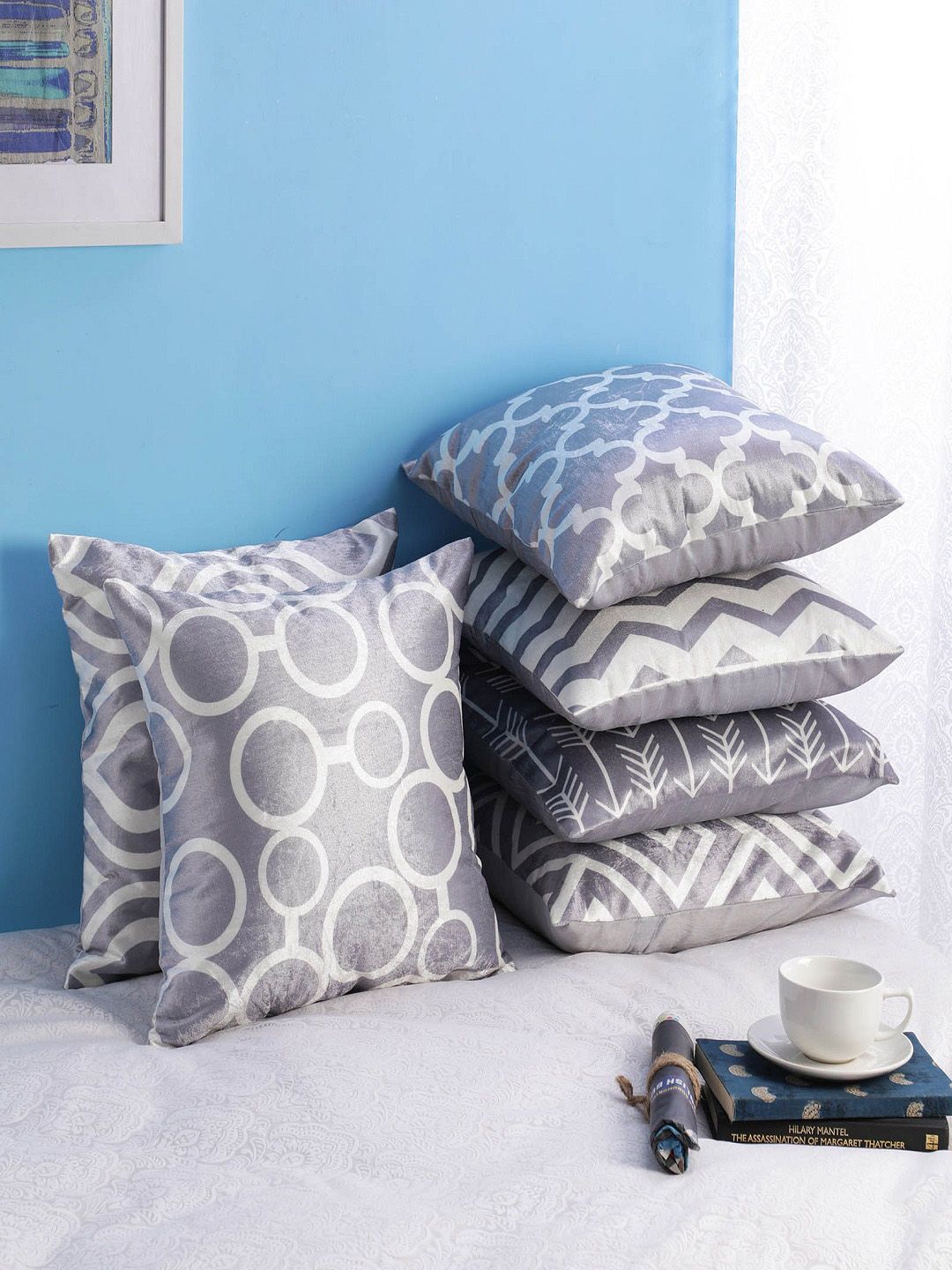 SWHF Grey Set of 6 Floral Square Cushion Covers Price in India