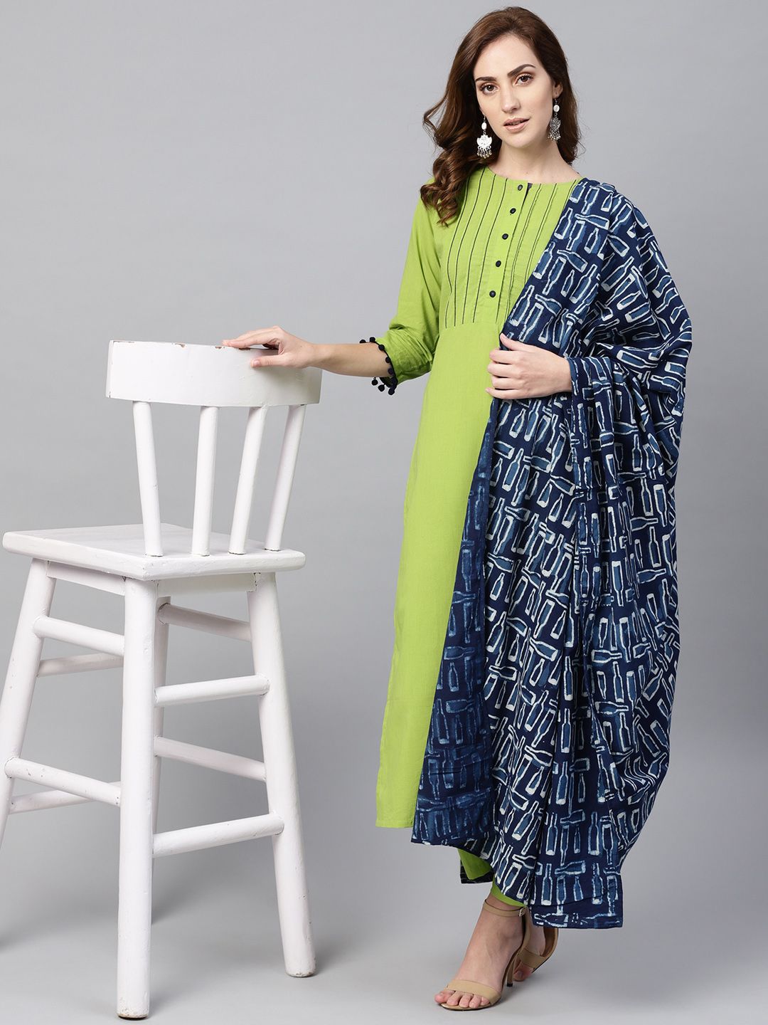 AASI - HOUSE OF NAYO Women Lime Green & Navy Solid Kurta with Trousers & Dupatta Price in India