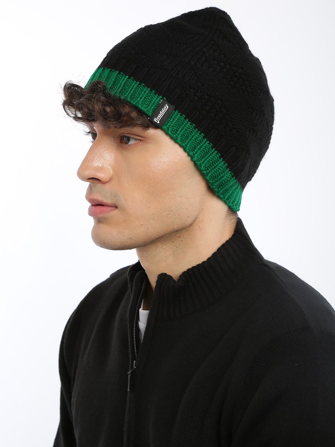 The Roadster Lifestyle Co Unisex Black & Green Colorblocked Beanie Price in India
