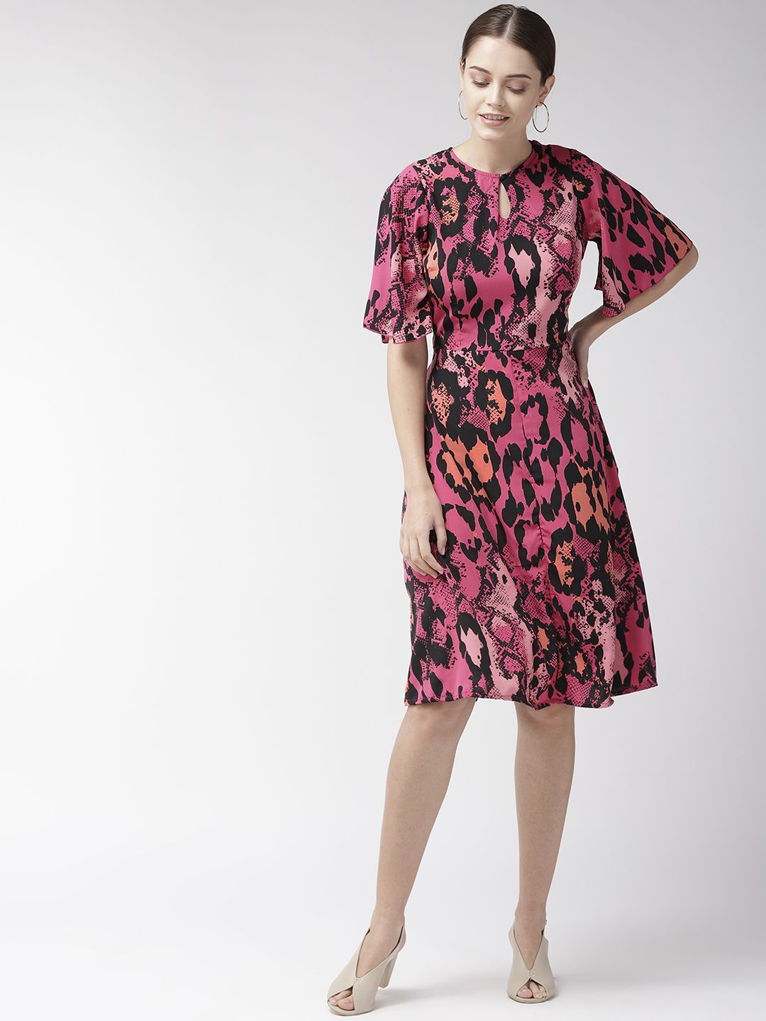 plusS Pink & Black Animal Keyhole Neck A-Line Dress Price in India