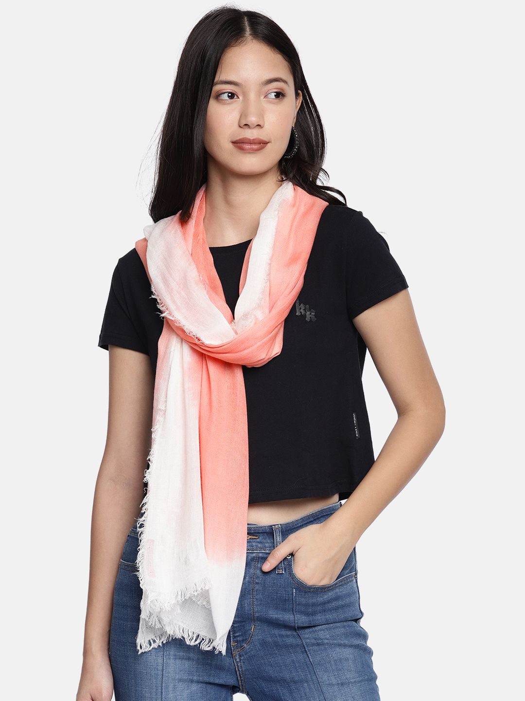 Ayesha Women Peach-Coloured & White Ombre Dip Dyed Scarf Price in India