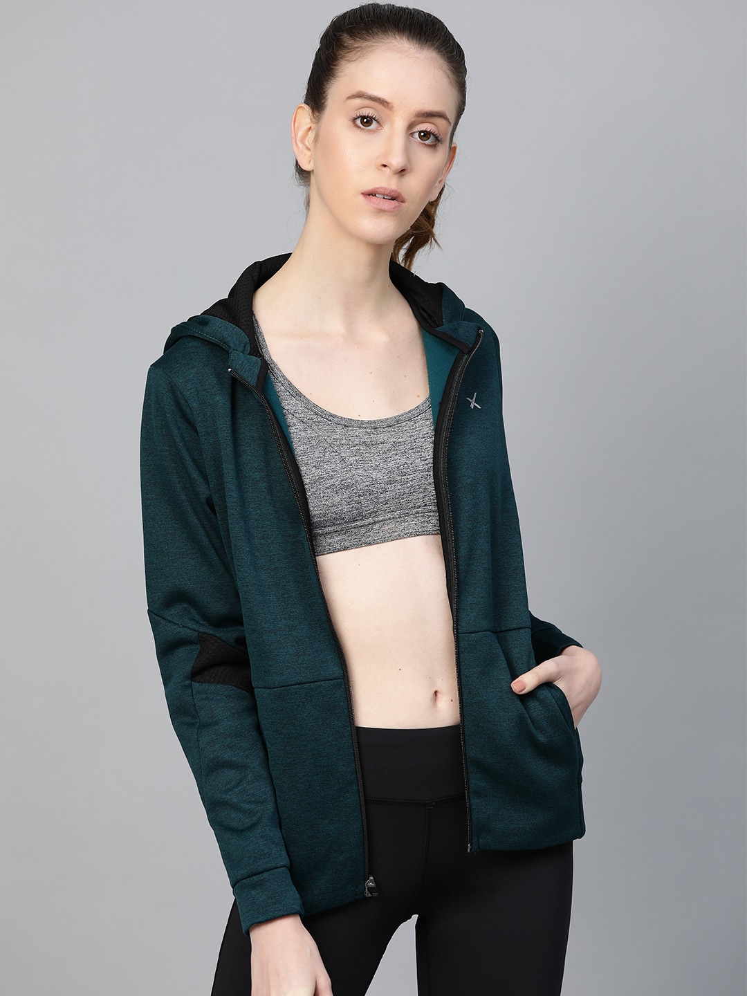 HRX by Hrithik Roshan Women Teal Green Training Rapid Dry Hooded Printed Jacket Price in India