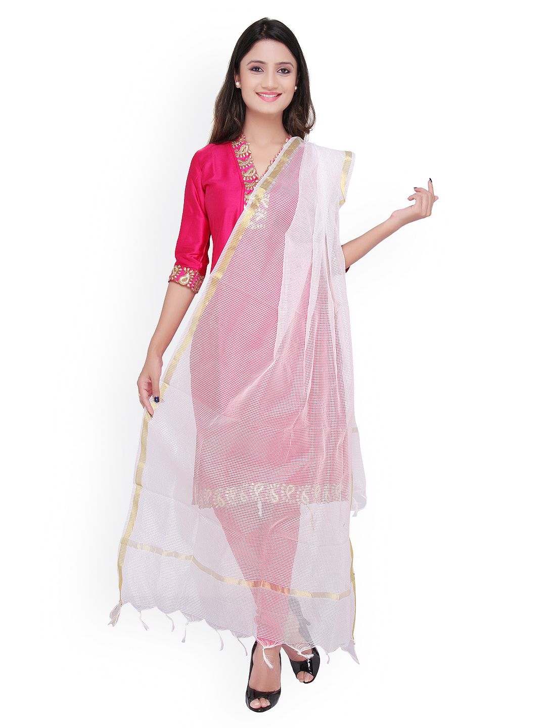 Dupatta Bazaar White Self-Checked Silk Dupatta Price in India