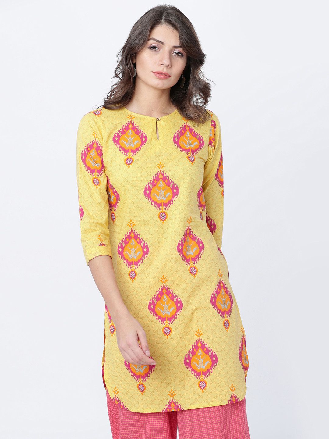 Vishudh Women Yellow & Pink Printed Tunic Price in India