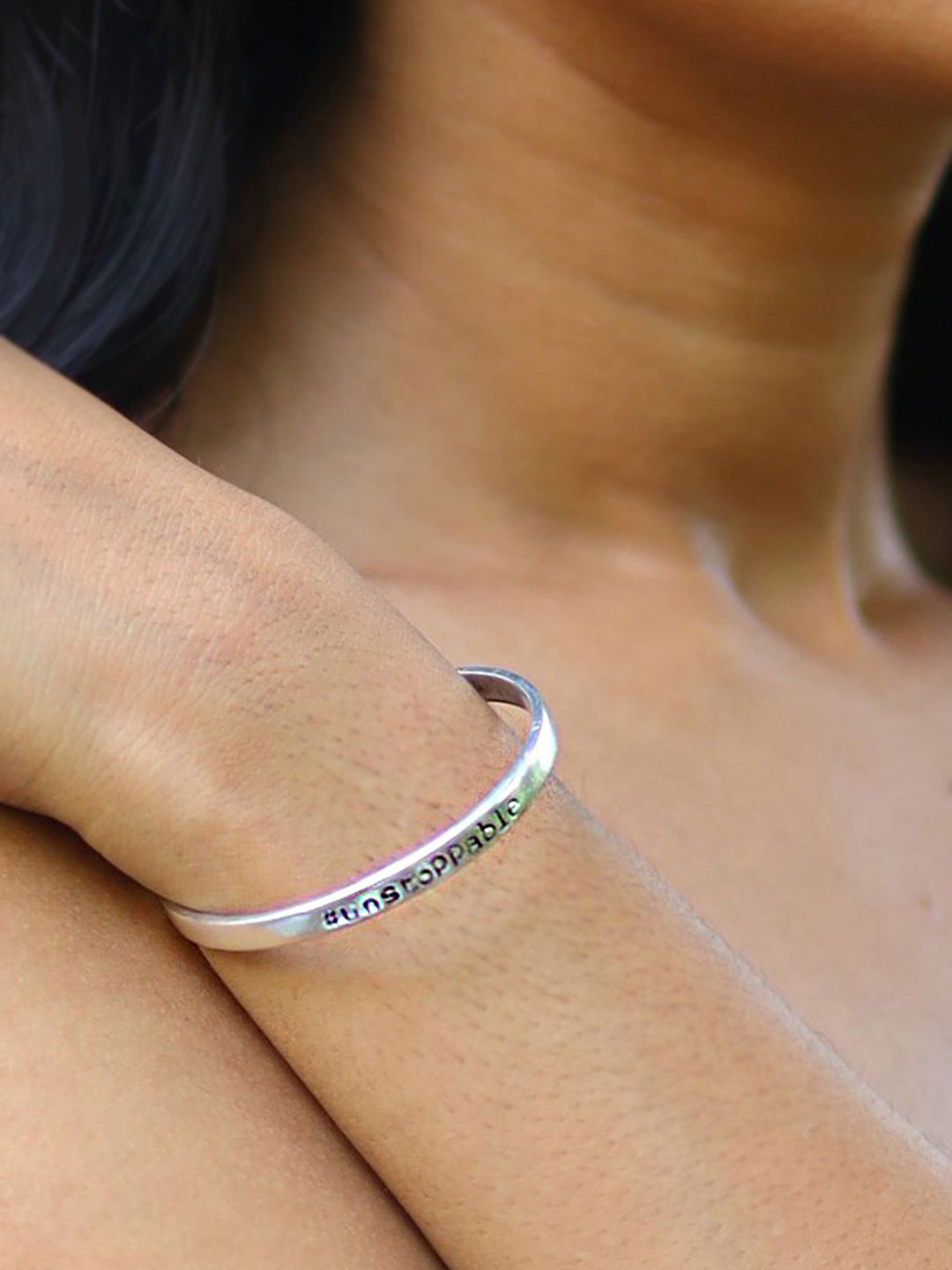 Ayesha Girl Power Project Silver-toned Unstoppable Quote Embossed Cuff Bracelet Price in India