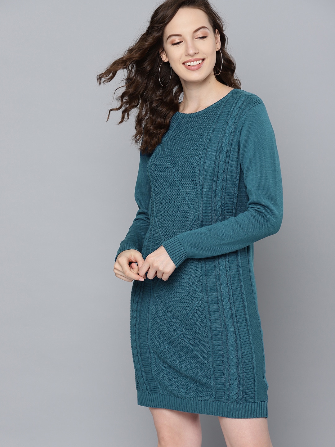 Mast & Harbour Women Teal Blue Self Design Sweater Dress Price in India