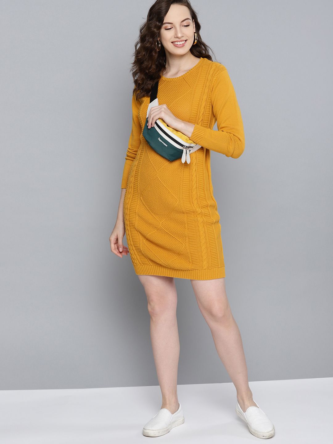 Mast & Harbour Women Mustard Yellow Self Design Sweater Dress Price in India