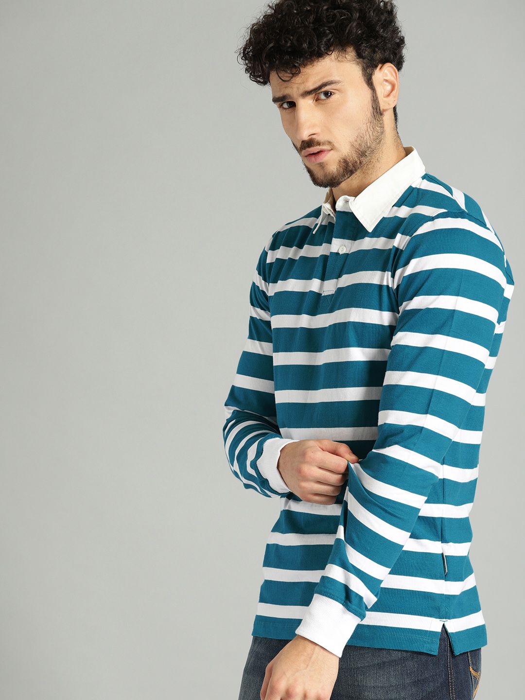 Roadster Men Teal Blue & White Striped Polo Collar T-shirt