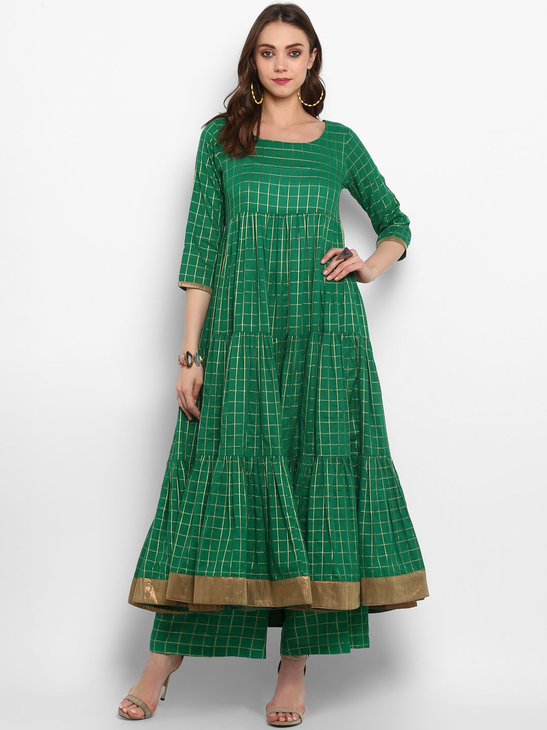 MBE Women Green Checked A-Line Kurta Price in India