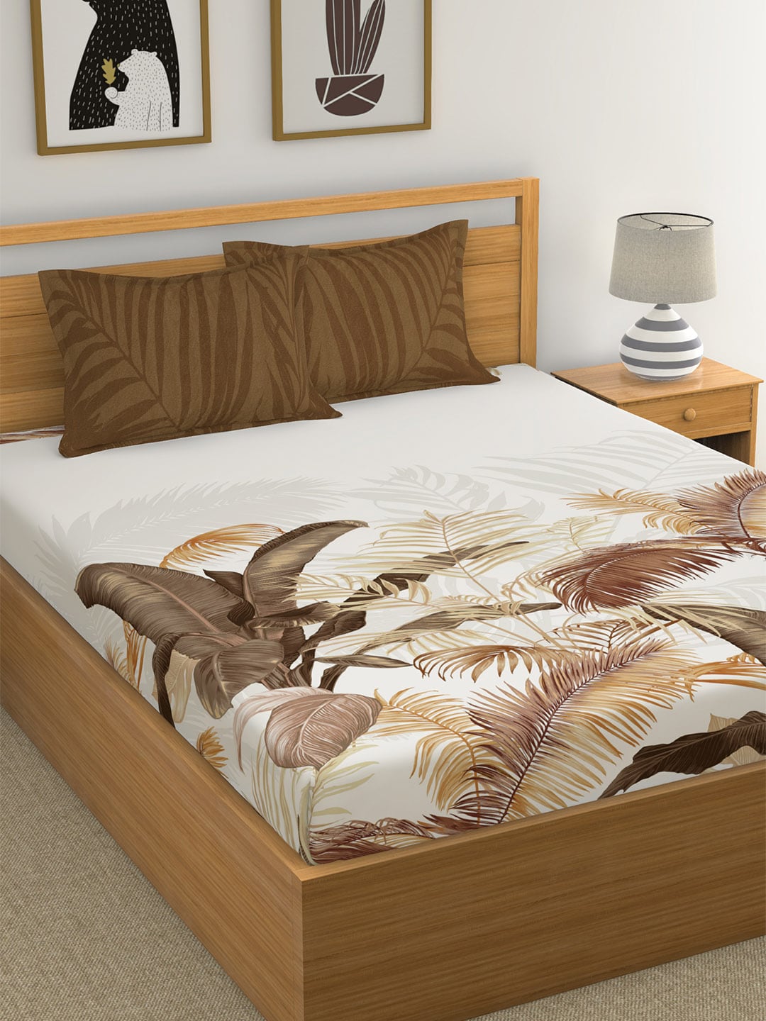 GM White & Brown Floral 180 TC Cotton 1 King Bedsheet with 2 Pillow Covers Price in India