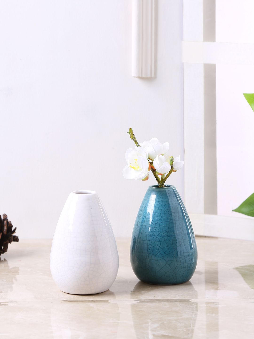 TAYHAA Set of 2 White & Blue Ceramic Flower Vases Price in India