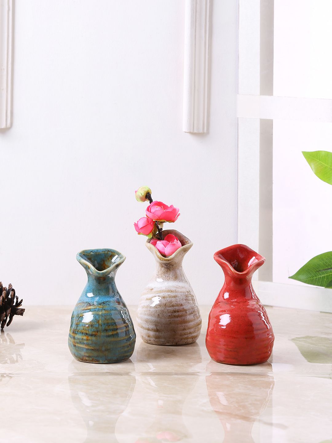 TAYHAA Set of 3 Multicoloured Ceramic Flower Vases Price in India