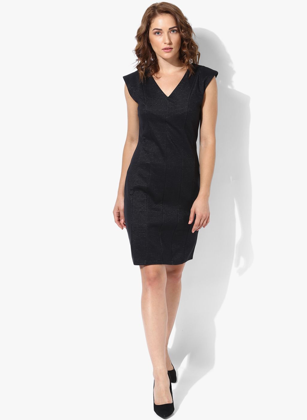 Wills Lifestyle Black Coloured Striped Bodycon Dress