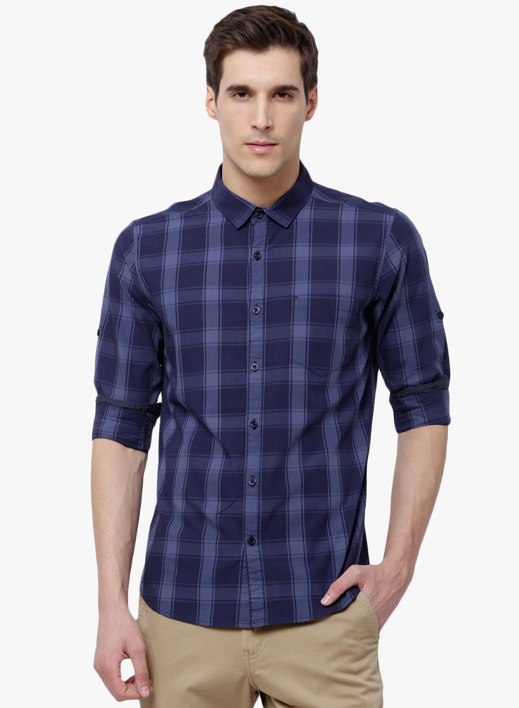 HIGHLANDER Navy Blue Checked Slim Fit Casual Shirt