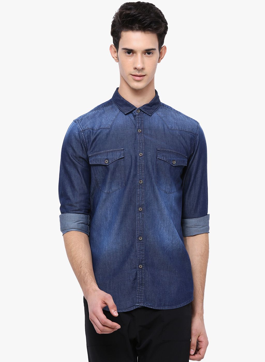 HIGHLANDER Navy Blue Washed Slim Fit Denim Shirt