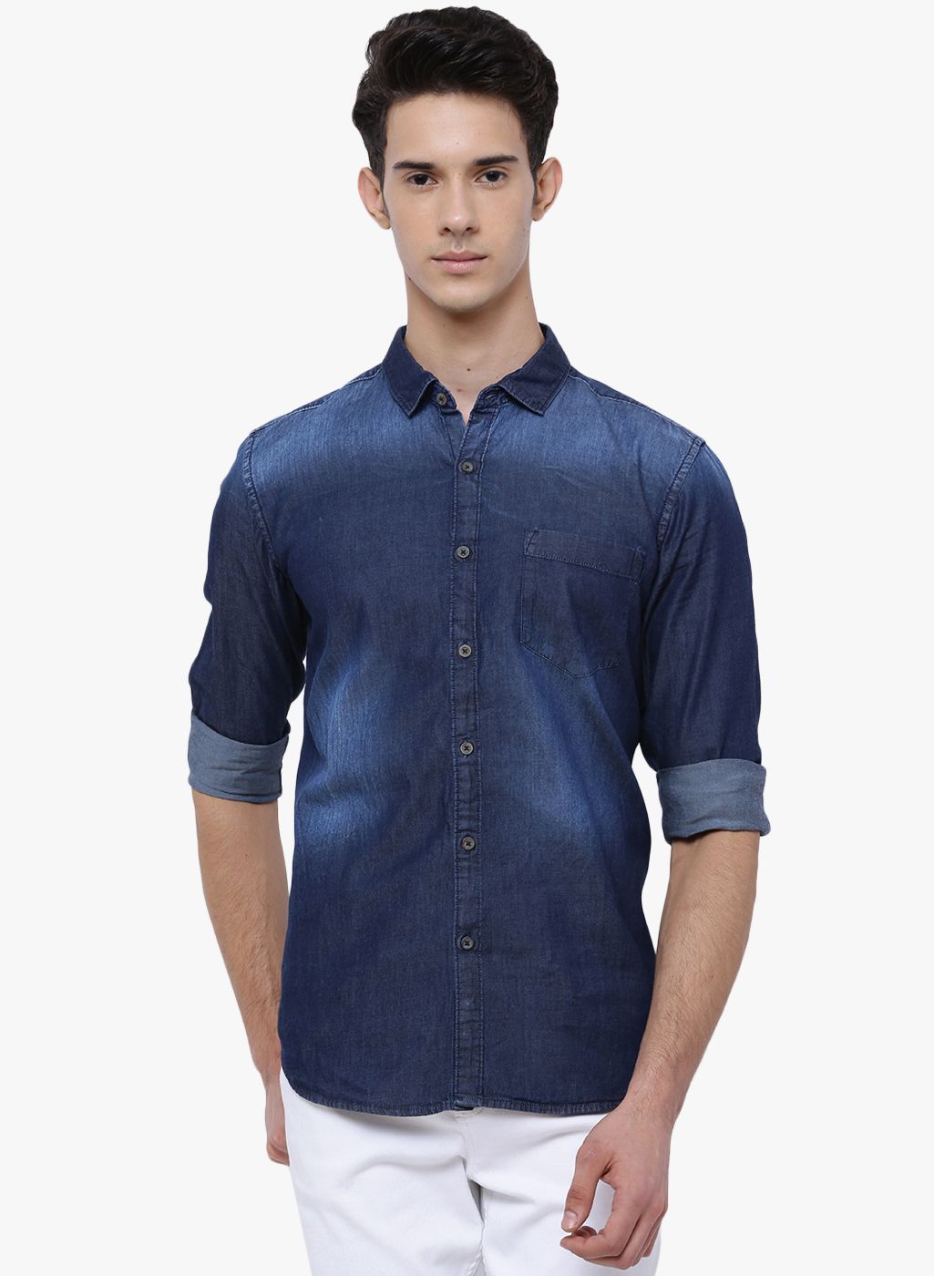 HIGHLANDER Navy Blue Washed Slim Fit Denim Shirt