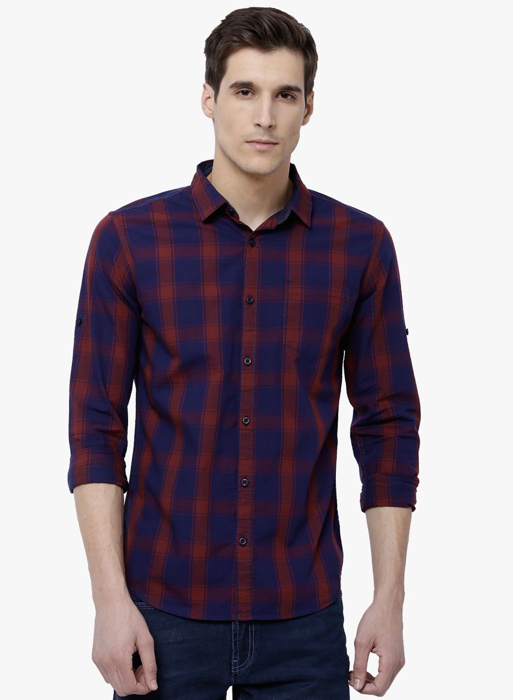 HIGHLANDER Navy Blue Checked Slim Fit Casual Shirt