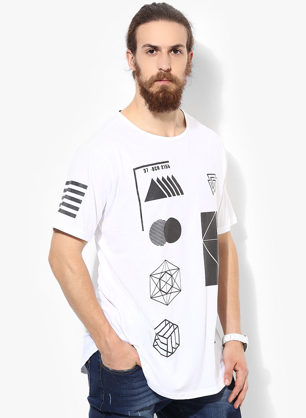 Adamo London White Printed Slim Fit Round Neck T-Shirt