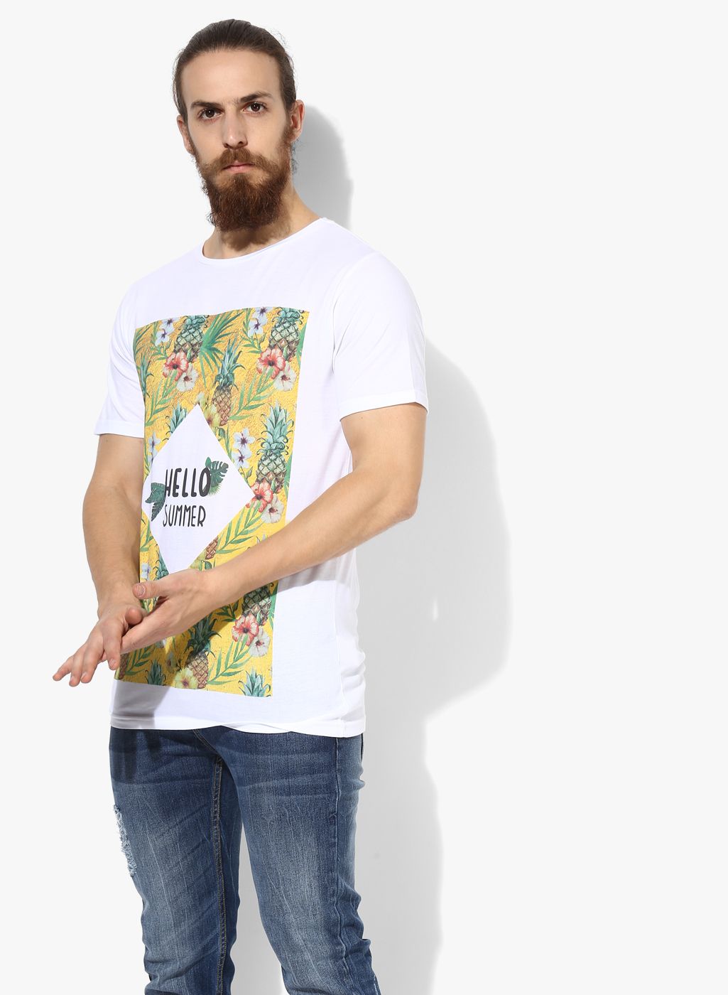 Adamo London White Printed Slim Fit Round Neck T-Shirt